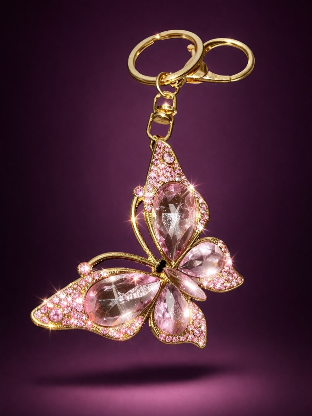 Pink Crystal Butterfly Keychain Gold Tone Rhinestone Charm Sparkly Bag Charm